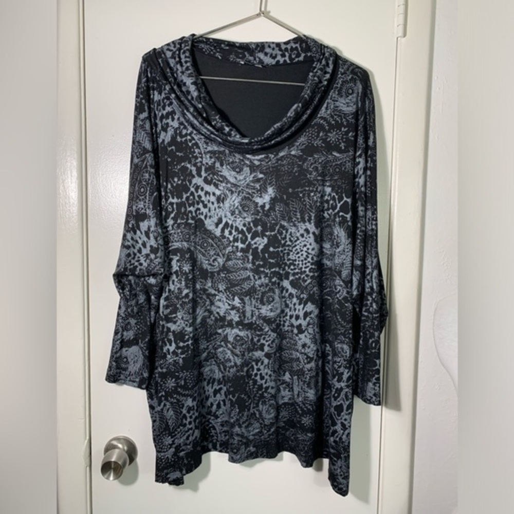 Bryn Walker black, silver, leopard, lace printed, cowl neck, dolman sleeve S